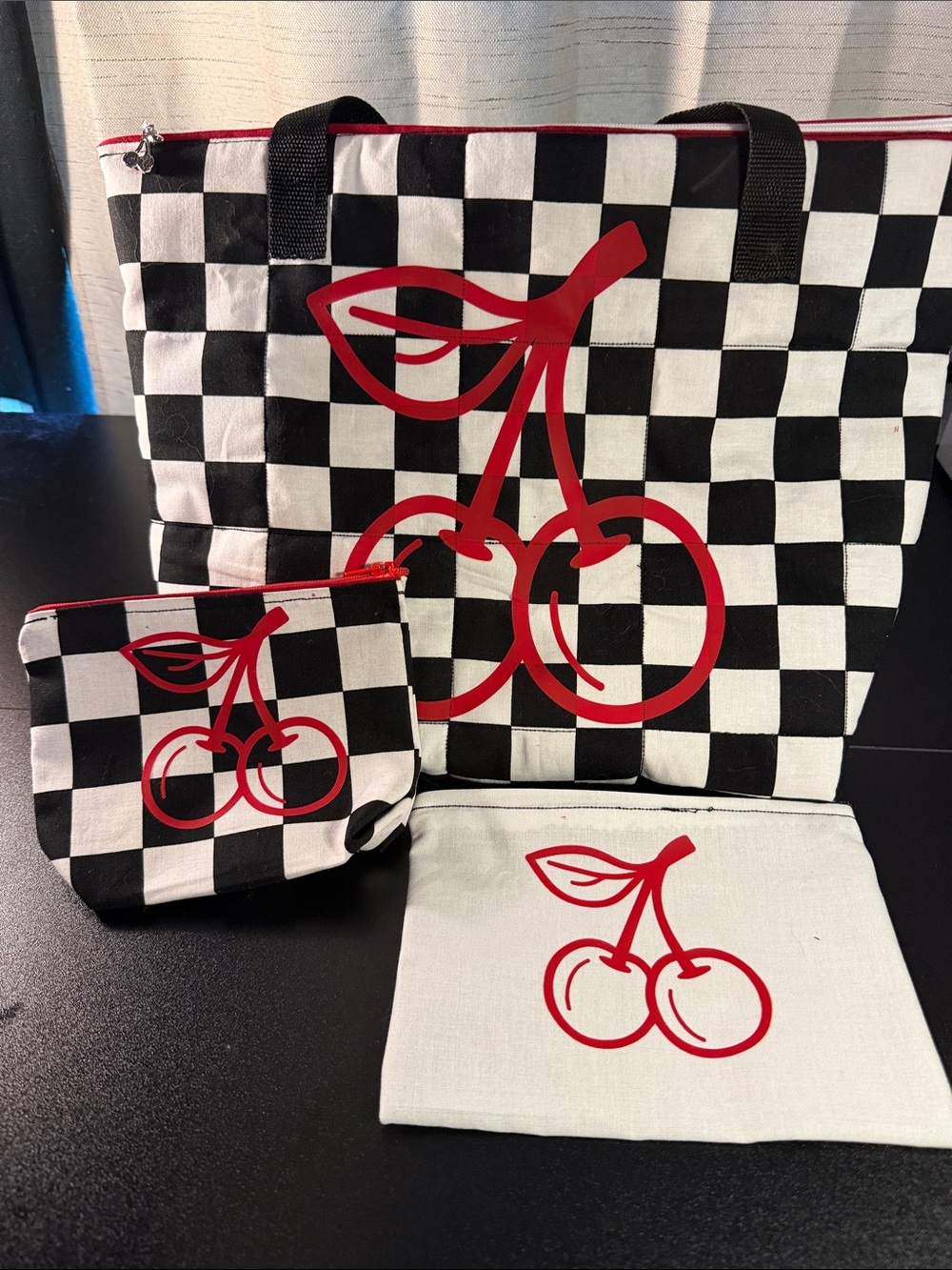 Checkerboard Cherry Tote and Pouches - Black, White & Red